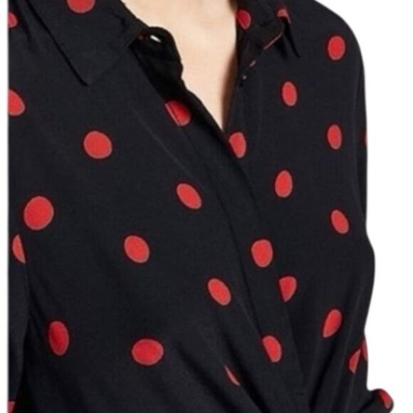 Ganni “Barra” Black with Red Polka Dots Crepe Mini Shirt Dress, Size 12 - Picture 1 of 7